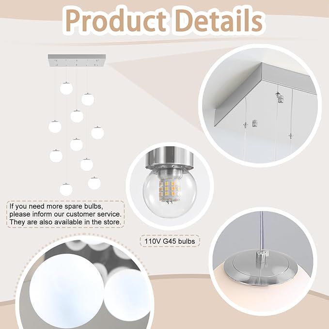 Chandeliers for Living Room Silver Pendant Light with White Globe Glass Dimmable Ceiling Light Rectangular Flush Mount Chandeliers Ceiling Light for Kitchen Island, Dining Room,Entry Hallway,