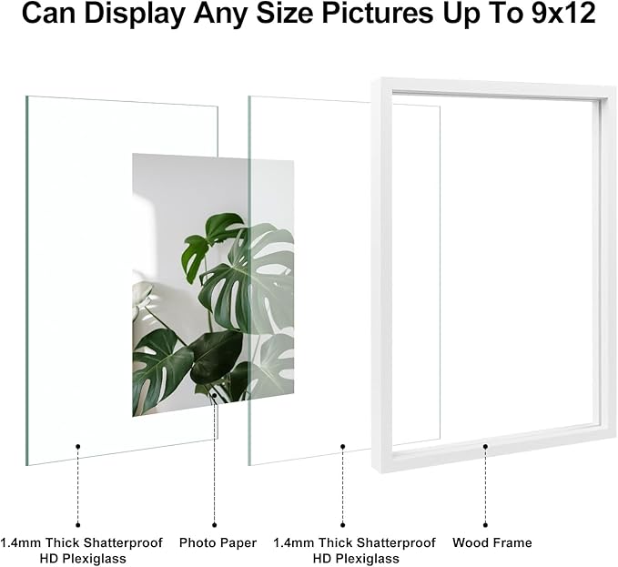 Egofine 9x12 Floating Frames Set of 2, Double Plexiglass Picture Frame, Made of Solid Wood Display Any Size Photo up to 9x12, Wall Mount or Tabletop Standing, White