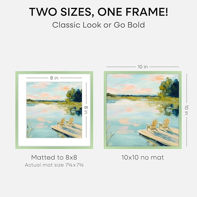 Homeforia 10x10 Picture Frame Sage Green, High End Metal 10 by 10 Square Frames with Mat 8 x 8 Photo, 10by10 Poster Frame Matted to 8x8 Art, Wall or Tabletop Frames, Tempered Glass, Wall Kit, Set of 2