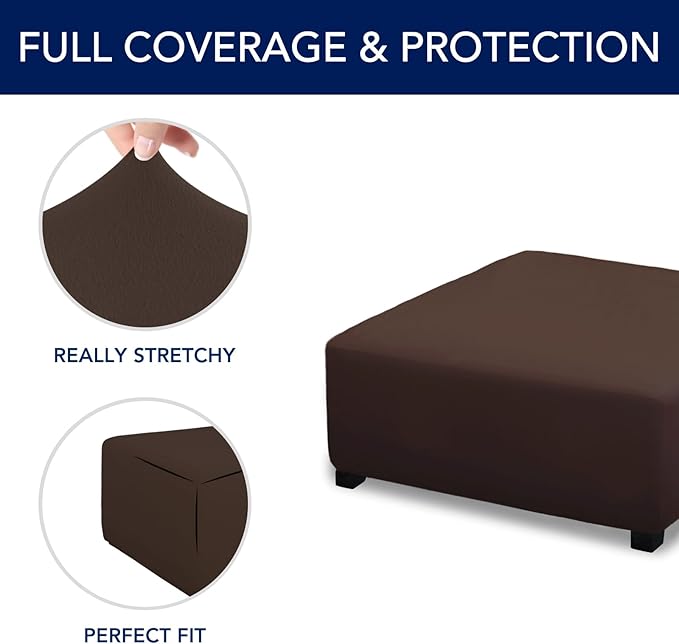 PureFit Super Stretch Form Fit Square Ottoman Cover Rectangle - Ottoman Slipcovers for Foot Stool & Folding Storage Furniture for Living Room with Nonslip Elastic Bottom (Medium-XL, Chocolate)