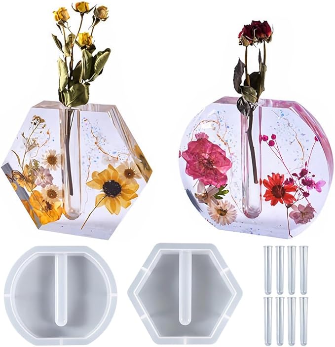 Flower Vase Resin Molds Silicone,4 Vase Molds + 8pcs Clear Flower Arrangement Tubes,for Inserting Fresh Flowers and Cultivating Plants,DIY Silicone molds for epoxy Resin vase,Vases Home Decor