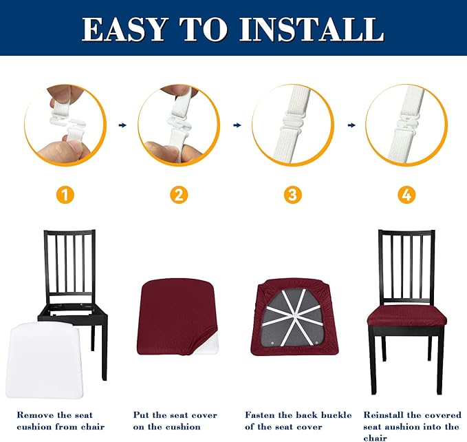 Dining Chair Seat Covers, Washable Dining Room Chair Seat Covers Set of 4, Removable Kitchen Seat Covers Chair Covers for Dining Chairs
