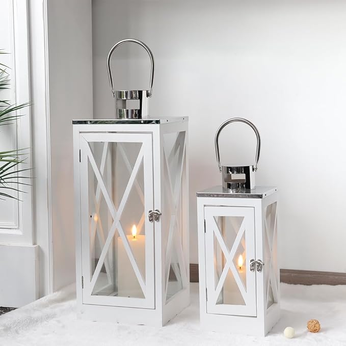 TRIROCKS Set of 2 Farmhouse Wood Candle Lantern 24.5'' &17.5'' H Decorative Candle Holders with Tempered Glass Rustic Hanging Lantern for Garden Patio Wedding Parties Indoor Outdoor(White Rectangle)