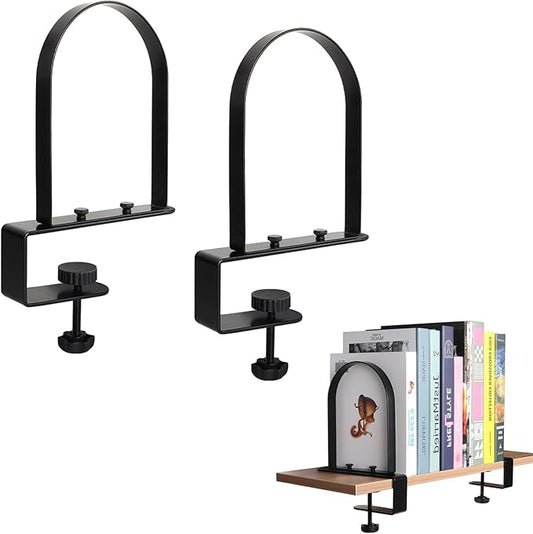WOMACO Book Ends for Heavy Books, Heavy Duty Bookend for Shelves, Super Steady Clamp-On Non-Skid Metal Book Shelves Holders Stoppers for CDs, Vinyl Records (Black, 1 Pair)