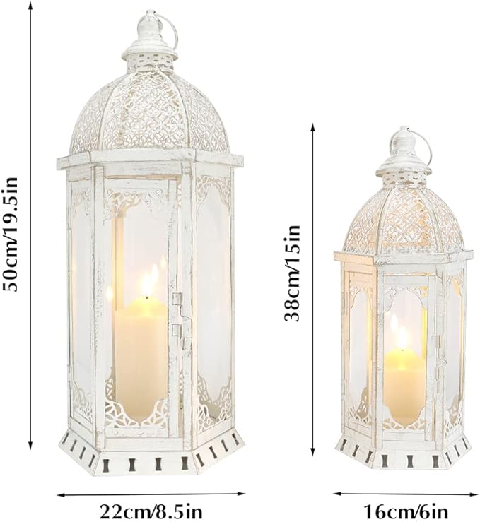 JHY DESIGN Set of 2 Decorative Candle Lanterns 22"&17" H Outdoor Vintage Metal Candle Holder for Garden Living Room Indoor Parties Weddings Patio Home Decor(White with Gold Brush)