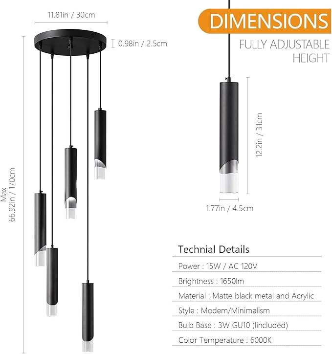 Modern Pendant Light Kitchen Light Fixture Dimmable LED Black Mini Pendant Lights Dinning Room Black Pendant Lighing for Kitchen Island Bedroom (5-Light)
