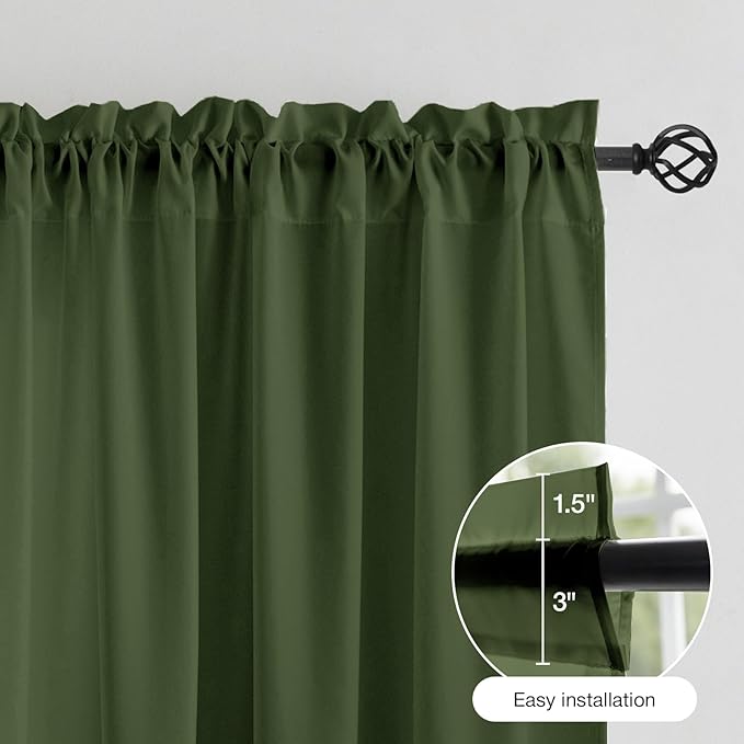 Anmao Non-See-Through Olive Green Privacy Semi Sheer Curtains for Living Room 72 Inch Length 2 Panels Set, Light Filtering That Let Light in Rod Pocket Window Drapes for Bedroom, 52W x 72L, Dark Green