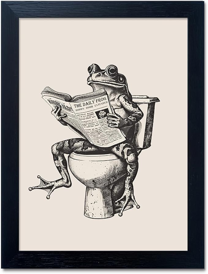 Bathroom Decor Wall Art, Funny Animal Bathroom Wall Art, Frog on Toilet Reading Newspaper Canvas Painting, Frog Art Print Pictures for Wall Decoration