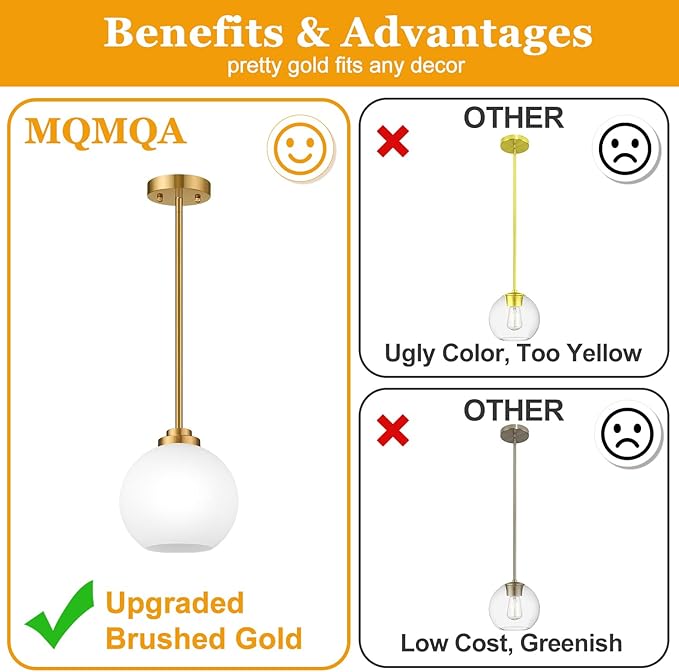 2 Pack 7.2-Inch Globe Pendant Lights, Mid Century Gold Pendant Light Fixtures, Globe Pendant Lights Kitchen Island with Milk Glass Shade Adjustable Hanging Fixture for Dining Room (Bulbs not Included)