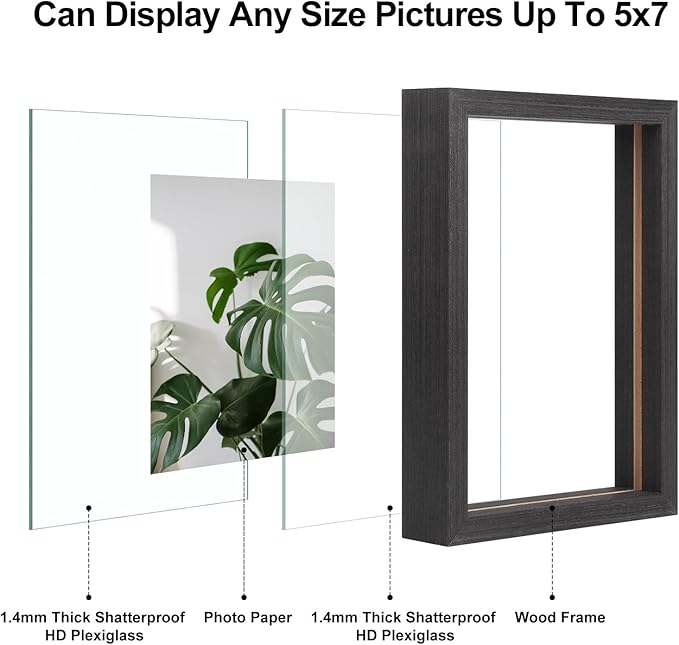 Egofine 5x7 Floating Frames Set of 2, Double Plexiglass Picture Frame, Made of Solid Wood Display Any Size Photo up to 5x7, Wall Mount or Tabletop Standing, Faded Black
