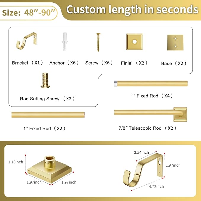 Gold Curtain Rods for Windows 48-90Inch(4-7.5ft) Heavy Duty Wrap Around Blackout Curtain Rods,Adjustable Room Darkening Drapery Rod for Bedroom, Living Room, Sliding Door & Outdoor Patio