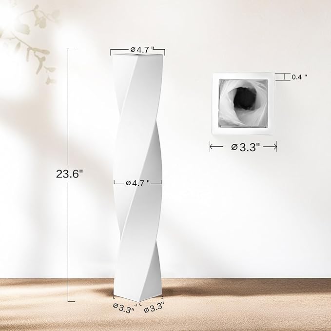 Tall Floor Vase - 23.6 Inch Modern Square Twist Vases for Home Decor, Large Decorative White Vase for Dried Flowers, Pampas Grass, Centerpiece - Matte Finish