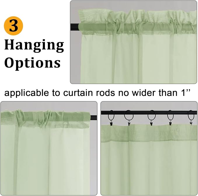 Gwine Light Green Sheer Curtains for Living Room 45 inches Long, Short Voile Light Filtering Window Treatments Sheer Curtains for Bedroom, Half Window Drapes with Rod Pocket, Each 42" Wx45 L