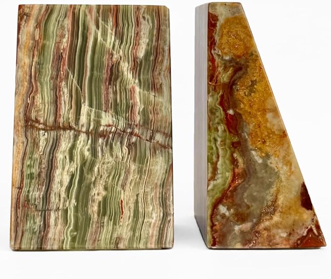 Ottimo Premium Polished Natural Marble bookends for use as Bookshelf Decor, Home, Office or Kitchen Shelves. Heavy, Triangular,and Modern Decorative Book Stopper with Anti-Slip Pads (Green Onyx)