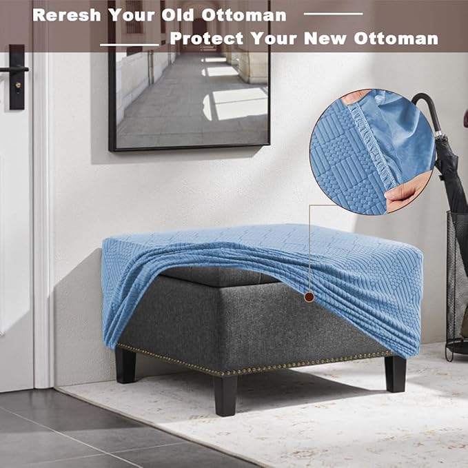 Square Ottoman Cover Large Stretch Storage Ottoman Bench Covers Slipcovers Cube Jacquard Covers for Square Ottomans Coffee Table Footrest Stool Cover with Elastic Bottom L Blue
