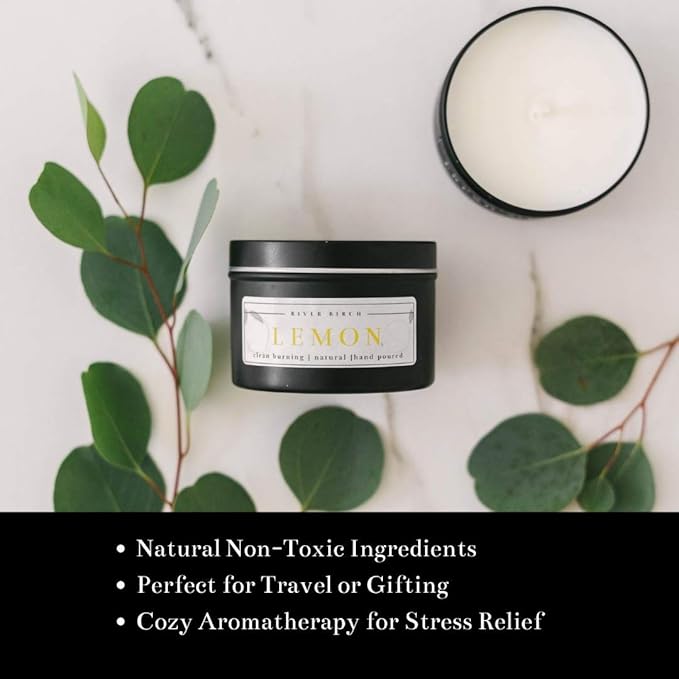 River Birch Premium Lemon Scented Soy Candles - 2-Pack, Two 8 oz. Black Matte Tin Travel Candles
