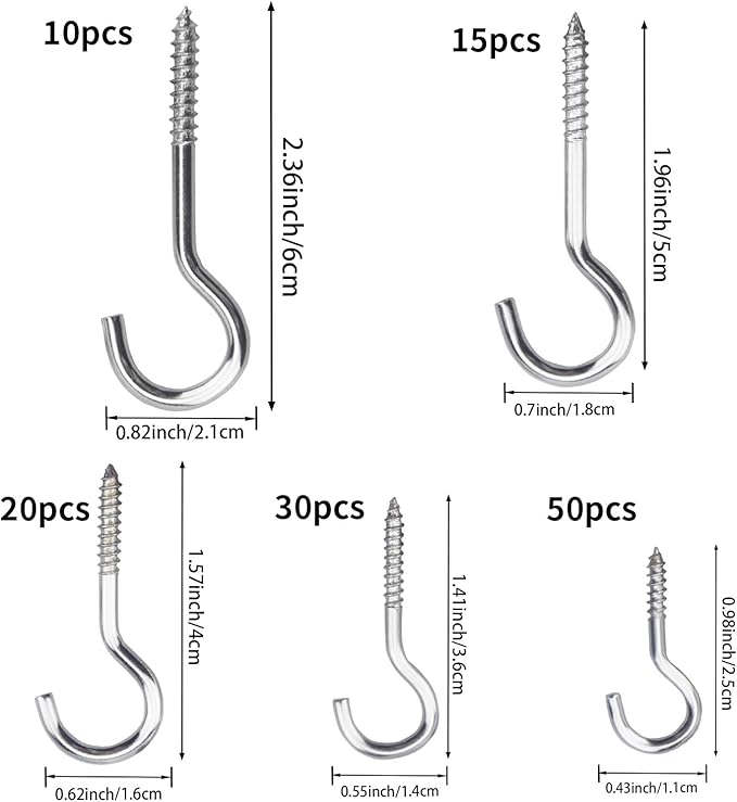 125 Pieces of Screw Cup Hook Set 5 Sizes Ceiling Small Hooks Wardrobe Decoration Hanging Accessories for Hanging Outdoor or Indoor use (0.98" 1.41" 1.57" 1.96" 2.36") (Silver)