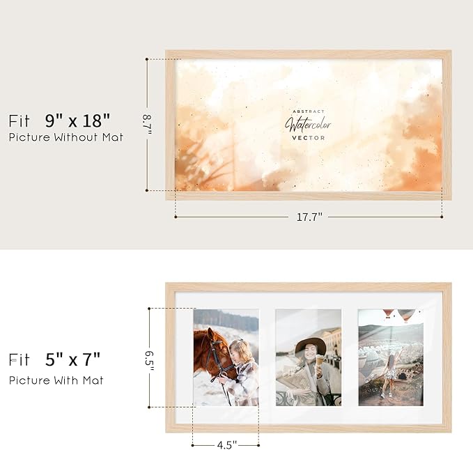 9x18 Oak Wood Picture Frame - 9x18 Photo Frame with Mat Display 3Pcs 5x7 Photos, 5x7 Picture Frame Wood, Natural Solid Wooden Picture Frames for Wall Art Photo and Prints(3 Pack, Beige)
