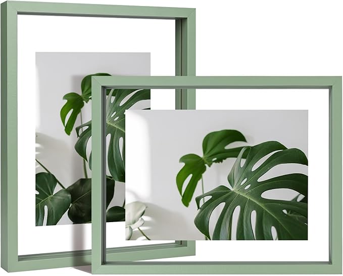 Egofine 8.5x11 Floating Frames Set of 2, Double Plexiglass Picture Frame, Made of Solid Wood Display Any Size Photo up to 8.5x11, Wall Mount or Tabletop Standing, Green