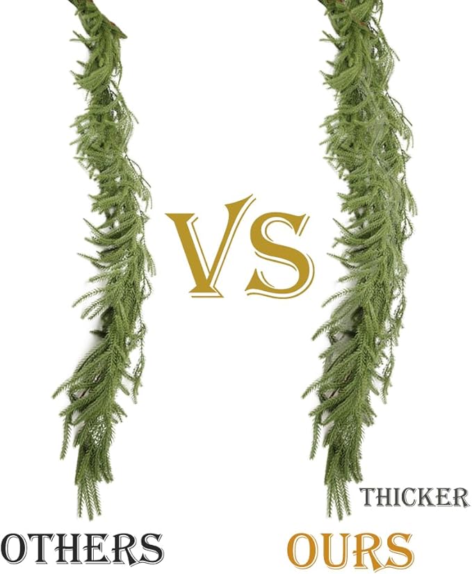 2 Pcs 6FT Norfolk Pine Garland Realistic Real Touch Artificial Faux Greenery Garland for Winter Decorations for Home Window Fireplace Garland for Mantle Table Holiday Indoor Outdoor Garland