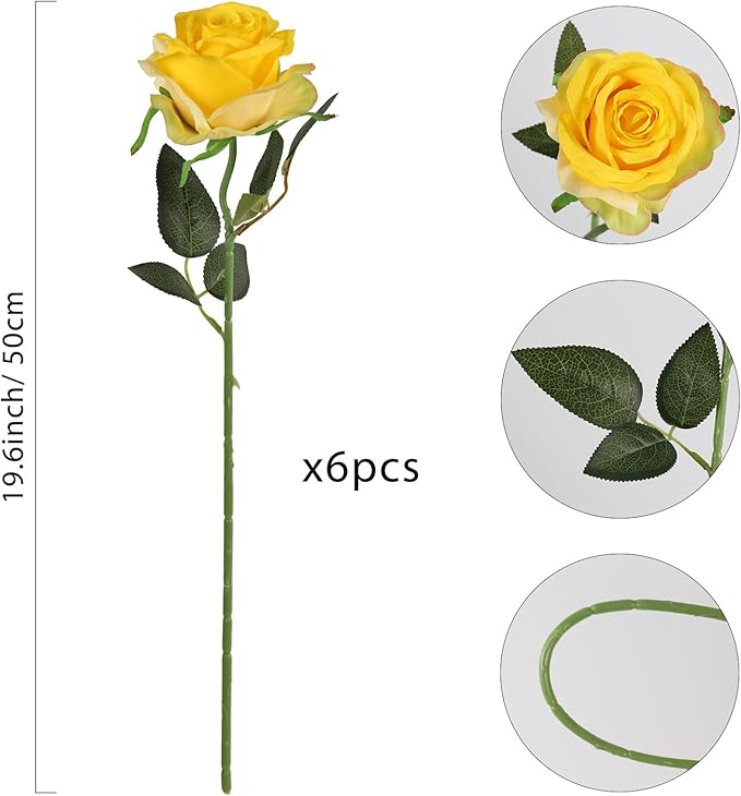IPOPU 6PCS Yellow Silk Lop-Sided Rose Artificial Flower with Long Stem Fake Leaf Roses, Artificial Long Stem Fake Roses Suitable for DIY Wedding, Home Decoration and Outdoor Party.