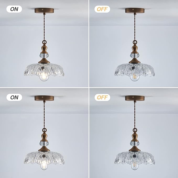 CVKASH Vintage Glass Pendant Light Fixture Brass Modern Adjustable Chandelier Farmhouse Hanging Light for Hallway Porch Kitchen Bedroom Coffee Shop Dining Room Island