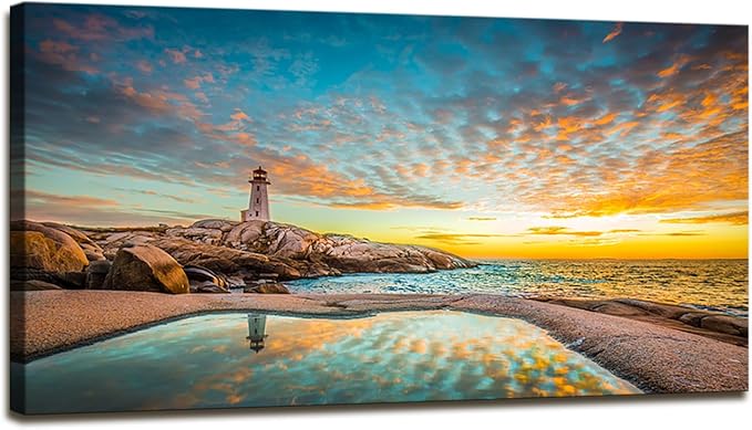 YYYYHPP YP1850 Canvas Prints Wall Art Peggy's Cove Lighthouse Sunset Ocean View Landscape Nature Pictures Stretched Canvas Wooden Framed for Living Room Bedroom and Office Wall Decor