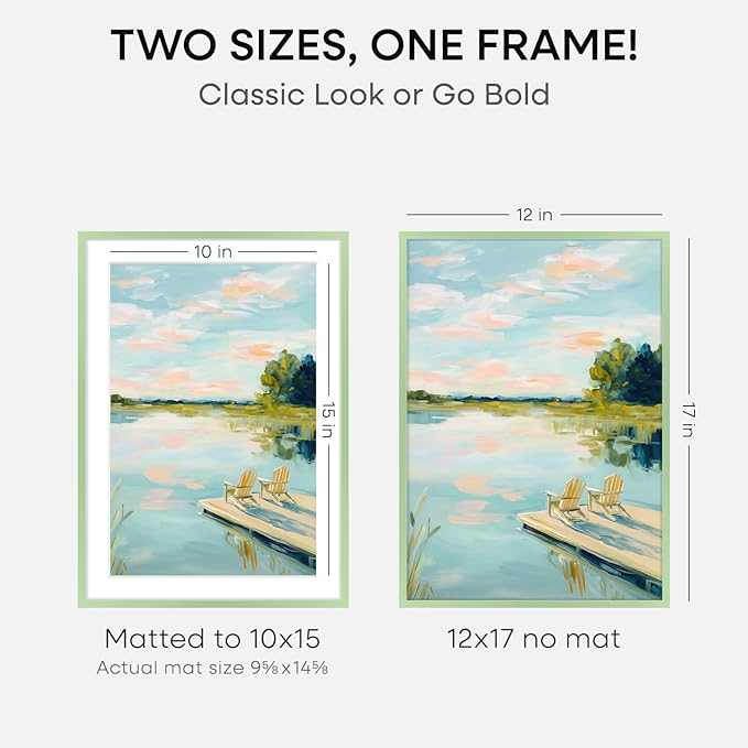 Homeforia 12x17 Picture Frame Sage Green, High End Metal 12x17 Poster Frames with Mat 10x15 Photo, 12 x 17 Sage Green Frame Matted to 10 by 15 Art, 17x12 Thin Frame, Tempered Glass, Wall Kit, Set of 2