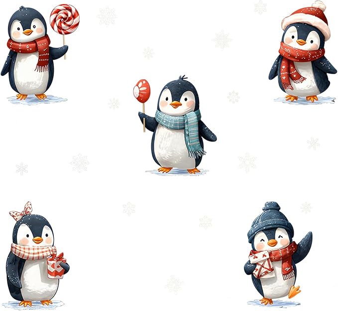 Christmas Penguin Wall Decals Stickers — Cute Winter Penguins with Scarves, Hats, Candy, and Gifts Removable Vinyl Wall Decor for Living Room, Bedroom, Office, Holiday Decoration