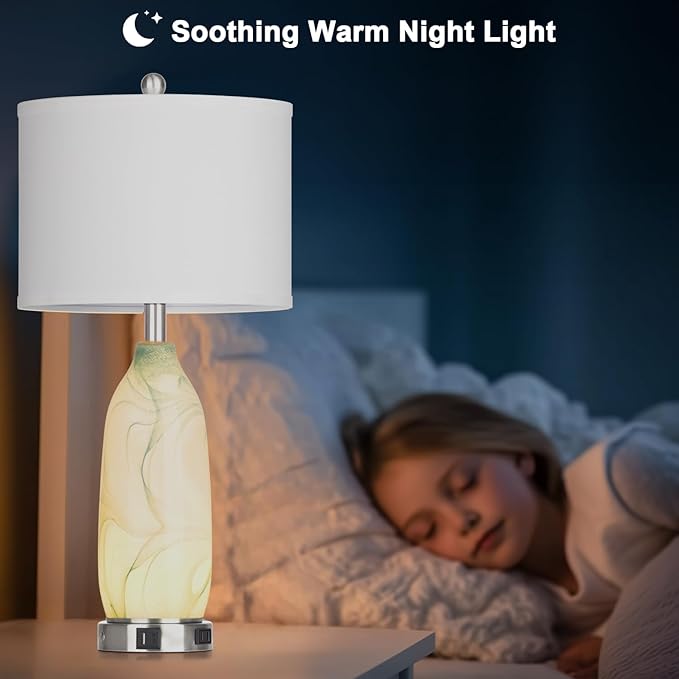 26" Coastal Glass Table Lamps Set of 2, Touch Control Bedside Lamp with USB A+C Ports and AC Outlet, Blue Lamp with Night Light for Nightstand Living Room Bedroom, 2 LED Bulbs Included
