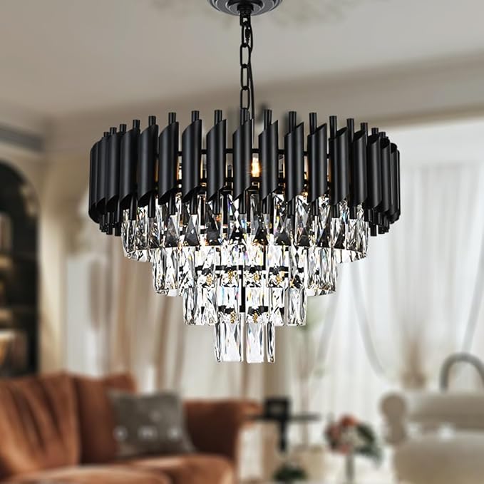 9-Light Modern Round Crystal Chandelier Lights, 4 Tiers Luxury Pendant Ceiling Light, 19.7" Crystal Chandeliers Lighting for Dining Living Room Kitchen Island Bedroom Foyer Hallway (Black)