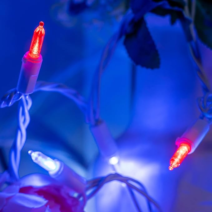 200 Count Red White and Blue LED Christmas Lights, 66 ft White Wire UL Certified Commercial Grade Holiday String Light Set (Red White & Blue)