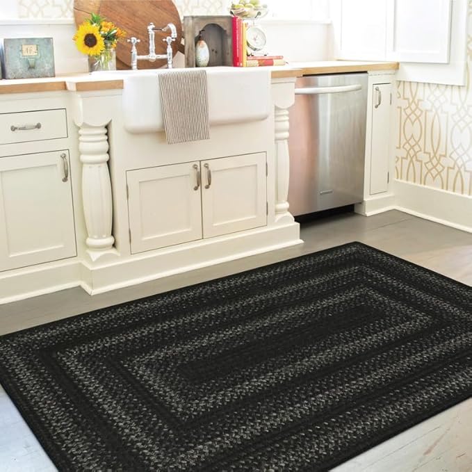 Jet Black Braided Rugs 27x45 – Primitive Style Gray and Black Indoor Entryway Rug