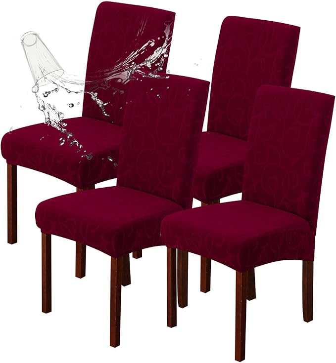 Genina Waterproof Dining Room Chair Covers Stretch Parsons Chair Slipcovers for Dining Room Kitchen Chair Protector Cover, Removable, Washable (4 Large, Flower Pattern-Wine Red)