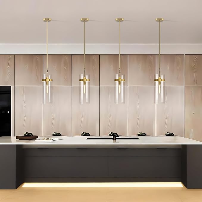 Modern Brass Large Glass Kitchen Island Pendant Light, 6'' Brass Clear Adjustable Island Pendant Lights,1 Light Indoor Pendant Light, for Kitchen Dining Bathroom