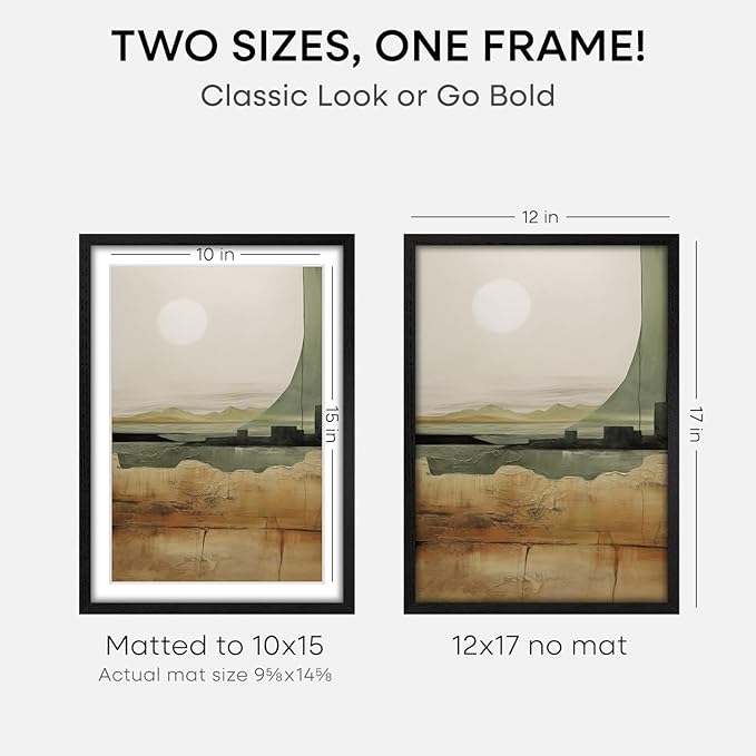 Homeforia 12x17 Picture Frame Black Wood, High End Oak 12x17 Poster Frames with Mat 10x15 Photo, 12 x 17 Wooden Frame Matted to 10 by 15 Print, 17x12 Hanging Frames, Tempered Glass, Wall Kit, Set of 3