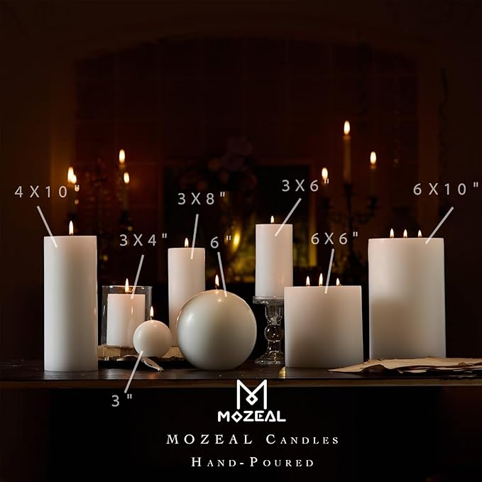 MOZEAL 3" x 6" Hand-Poured Unscented Candle,Dripless Pillar Candle Set of 3,Long Lasting Burning,Approx 120 Hours Burn Time,Rustic Country Style,for Wedding,Dinner,Christmas and Home Decor,White