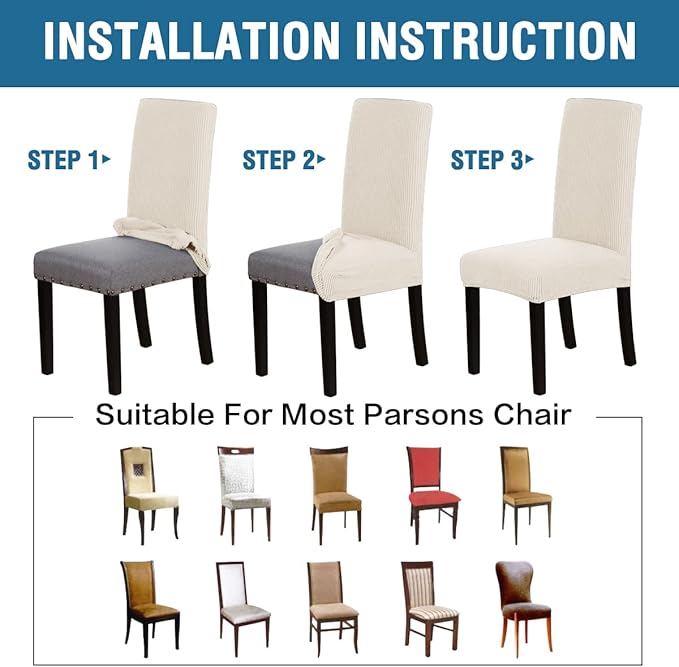 H.VERSAILTEX Stretch Dining Chair Covers Set of 6 Chair Covers for Dining Room Parsons Chair Slipcover Chair Protectors Covers Dining, Feature Textured Checked Jacquard Fabric, Ivory