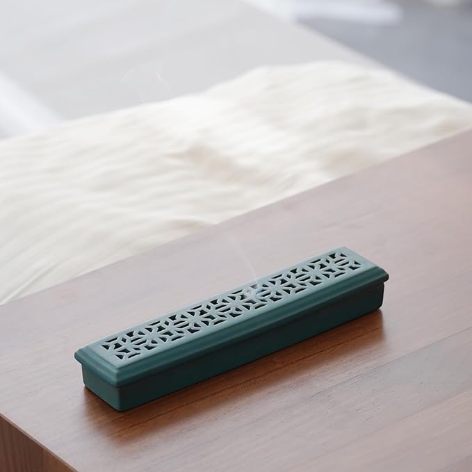 CEREMONY Incense Holder,Ceramic Incense Holder for Sticks with Ash Catcher,Coffin Style Incense Box,Incense Burner for Meditation Yoga Spa Room Decor(Green)