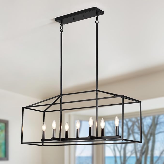 Dining Room Chandelier,7 Light Kitchen Island Light Modern Farmhouse Chandeliers Contemporary Pendant Light Matte Black Finish Rectangle Modern Pendant Light Adjustable Height