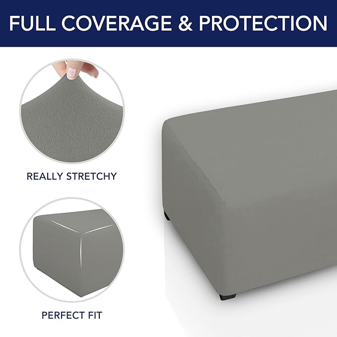 PureFit Super Stretch Soft Form Fit Ottoman Cover Rectangle - Ottoman Slipcovers for Foot Stool & Folding Storage Furniture for Living Room with Nonslip Elastic Bottom (Large, Light Gray)