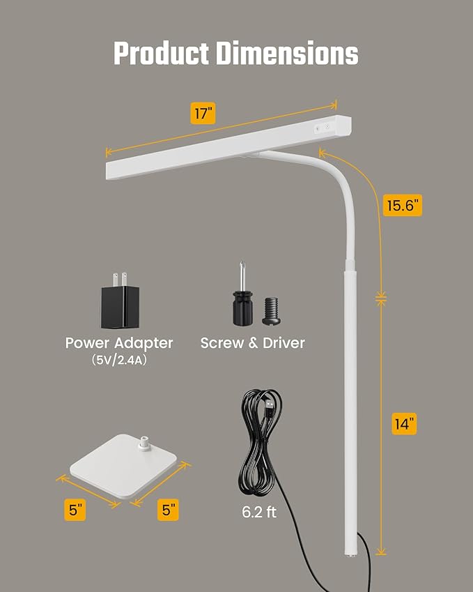 SUPERDANNY LED Desk Lamp for Home Office, Eye-Caring Desk Light with Base, 12W Touch Control 3 Colors Dimmable Brightness, Gooseneck Architect Lamp for Computer Monitor Reading Workbench, White