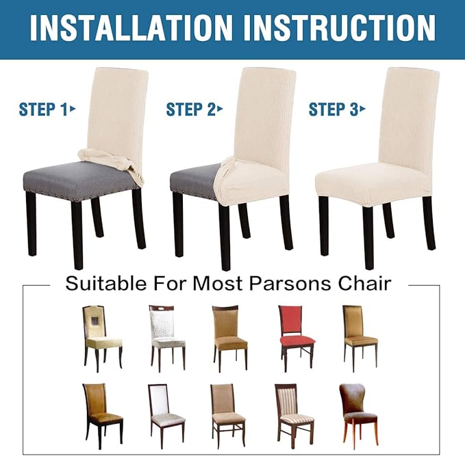 H.VERSAILTEX Stretch Dining Chair Covers Set of 6 Chair Covers for Dining Room Parsons Chair Slipcover Chair Protectors Covers Dining, Feature Textured Checked Jacquard Fabric, Natural
