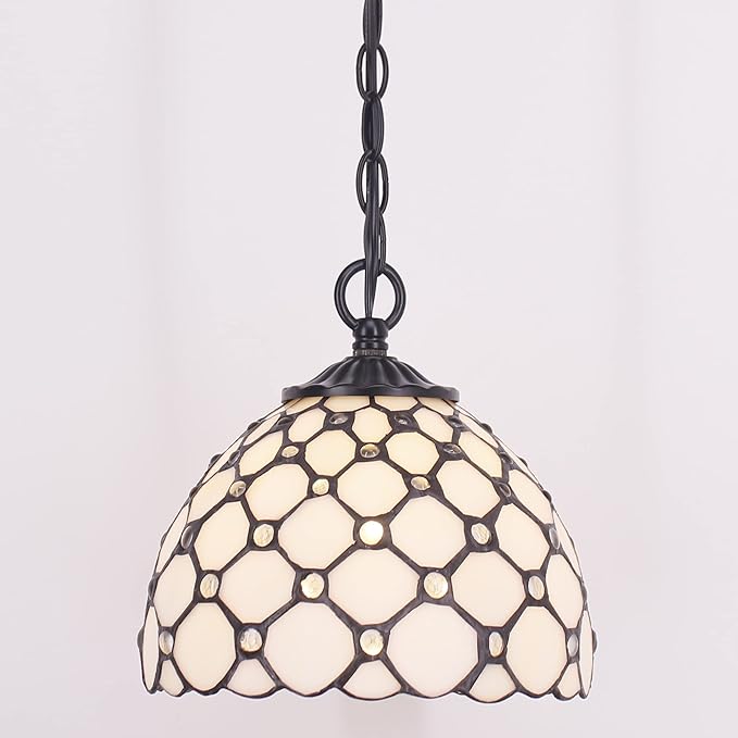 Small Tiffany Pendant Light Stained Glass Plug in Hanging Lamp 8 Inch Adjustable Height Hanging Chandelier Pendant Fixture for Home Kitchen Island Dining Room (Cream Pearl Bead Style)