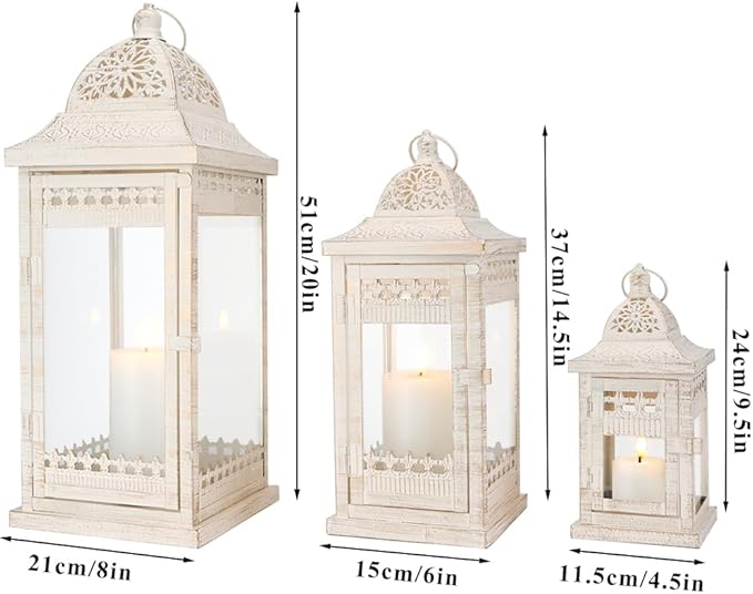 JHY DESIGN Set of 3 Decorative Candle Lanterns 20"&14.5"&9.5" High Vintage Style Hanging Lantern, Metal Candleholder for Indoor Outdoor, Events, Parties and Weddings（Beige with Gold Brush）