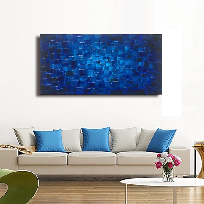 MyArton Textured Abstract Squares Canvas Wall Art Hand Painted Modern Dark Blue Oil Painting for Decoration Ready to Hang 48x24inch