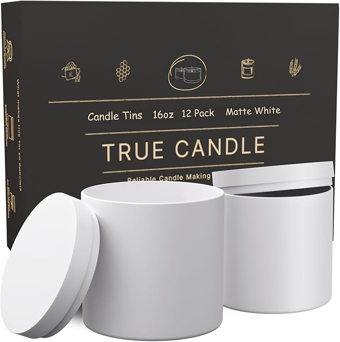 True Candle Tins for Making Candles - 12 Pack of 16 oz White Candle Containers Bulk - Empty tins with lids for Candles - Premium Glass Jars, Vessels | Painted Outside Inside | Matte White (Tall)