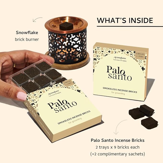Aromafume Palo Santo Incense Bricks (2 Trays x 9 Pieces Each) with Snowflake Exotic Incense Diffuser | Ideal for deepened Spirituality, Meditation, Purification, Relaxation, Healing & Rituals