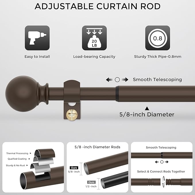 Bronze Curtain Rods 28 to 48 Inches(2.3-4 Feet),5/8 inch Splicing Drapery Rods,Small Curtain Rods Set,Size: 18''-45'',Bronze