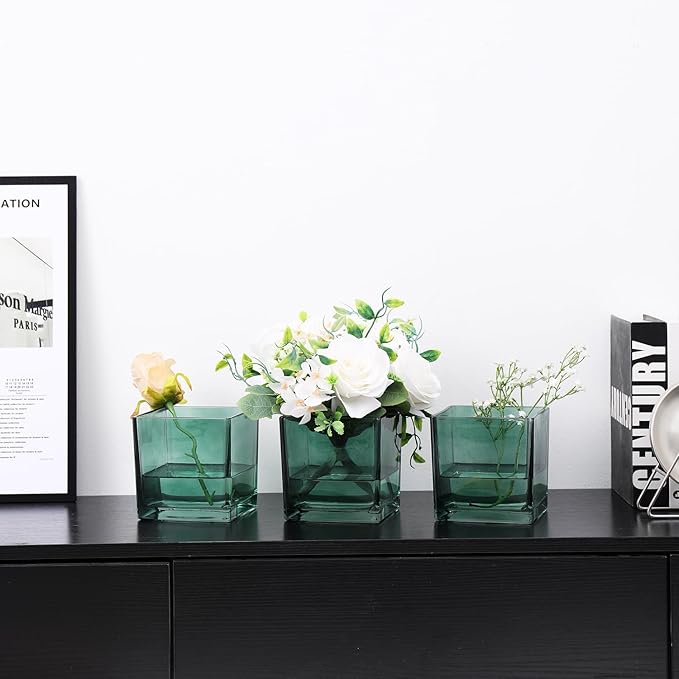 Square Green Glass Vases Set of 2, 6" x 6" x 6" Square Vase for Centerpieces, Flower Vases for CenterpieSquare Vaseces, Small Vase for Wedding, Party, Home Office Decoration